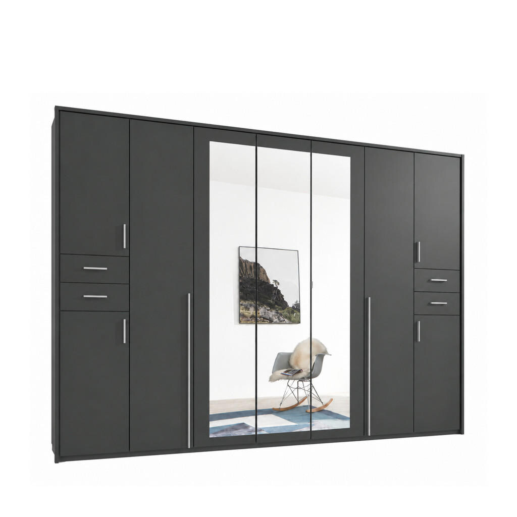 luma-home SKŘÍŇ S OTOČNÝMI DVEŘMI Š313/V210/H58 cm, v barvě grafit, s paspartou, 3 zrcadlovými dveřmi a zásuvkami, úchytky v barvě hliníku / 22583