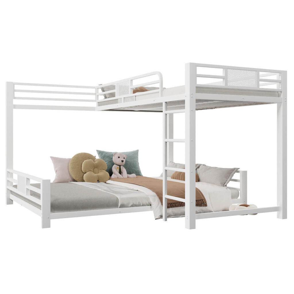 OKWISH PATROVÁ postel 90/200 cm bílá z kovu s L-tvarem a bezpečnostními zábradlími