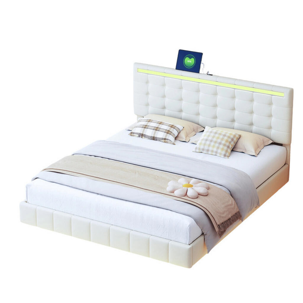 SHOPENTRA ČALOUNĚNÁ postel 160x200 cm béžová s imitací lnu s LED osvětlením, USB porty a lamelovým roštem