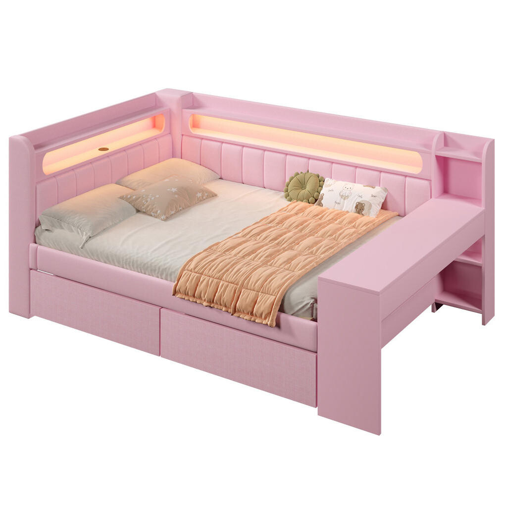 Redom POSTEL 140/200 cm s LED osvětlením, USB porty, pracovním stolem a 2 zásuvkami, Růžová