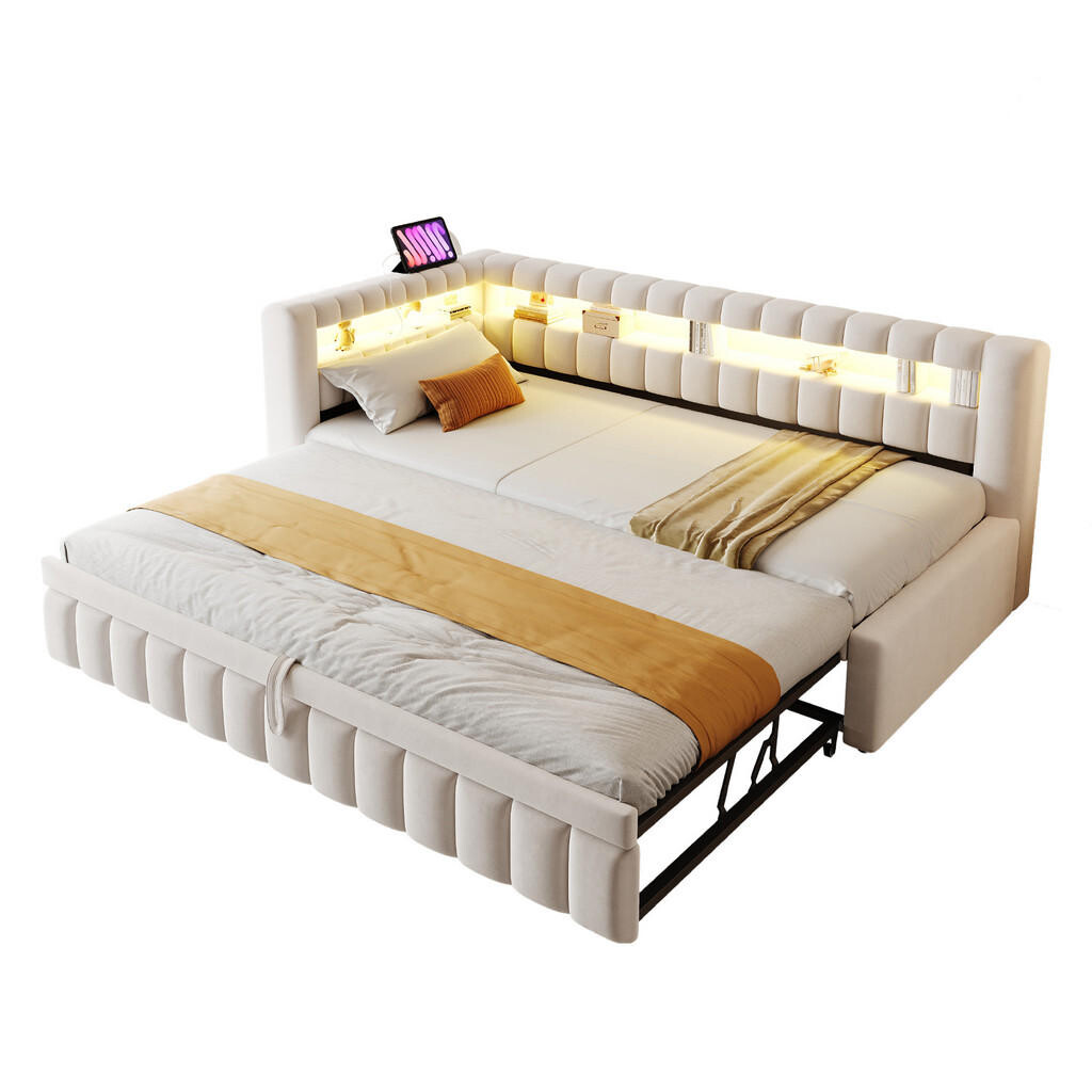 WISHDOR ROZKLÁDACÍ POHOVKA 90/200 cm & 90/190 cm v béžovém sametu s LED osvětlením, USB, Type-C a odkládacími přihrádkami