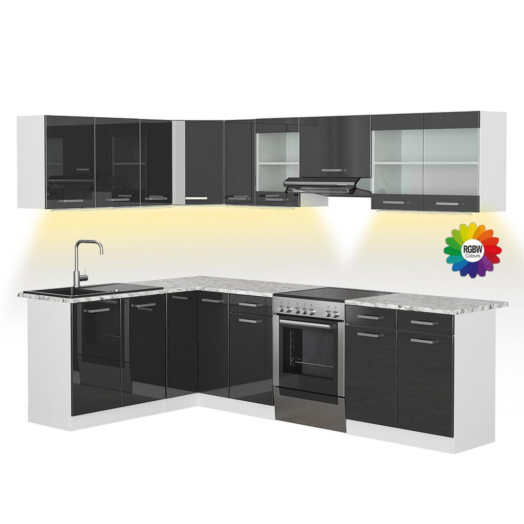 Vicco ROHOVÁ KUCHYŇSKÁ LINKA R-Line, Antracitový vysoký lesk/Bílá, 267 x 167 cm s pracovní deskou s páskem LED
