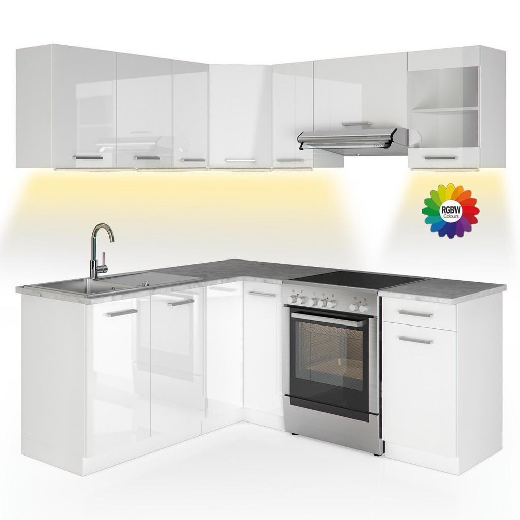 Vicco ROHOVÁ KUCHYŇ R-Line, Bílá vysoký lesk/Bílá, 187 x 167 cm s pracovní deskou s páskem LED