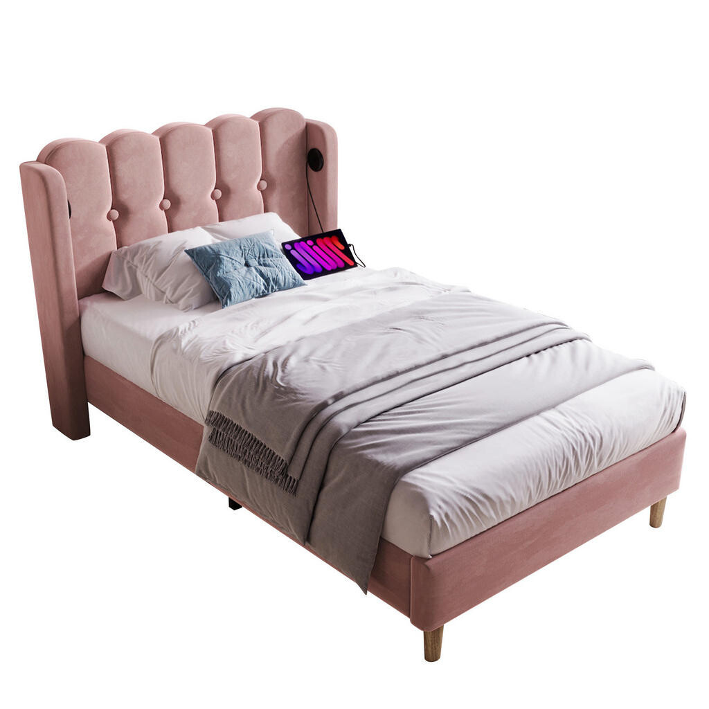 OKWISH ČALOUNĚNÁ postel 90/200 cm růžová ze sametu s USB a USB-C nabíjením