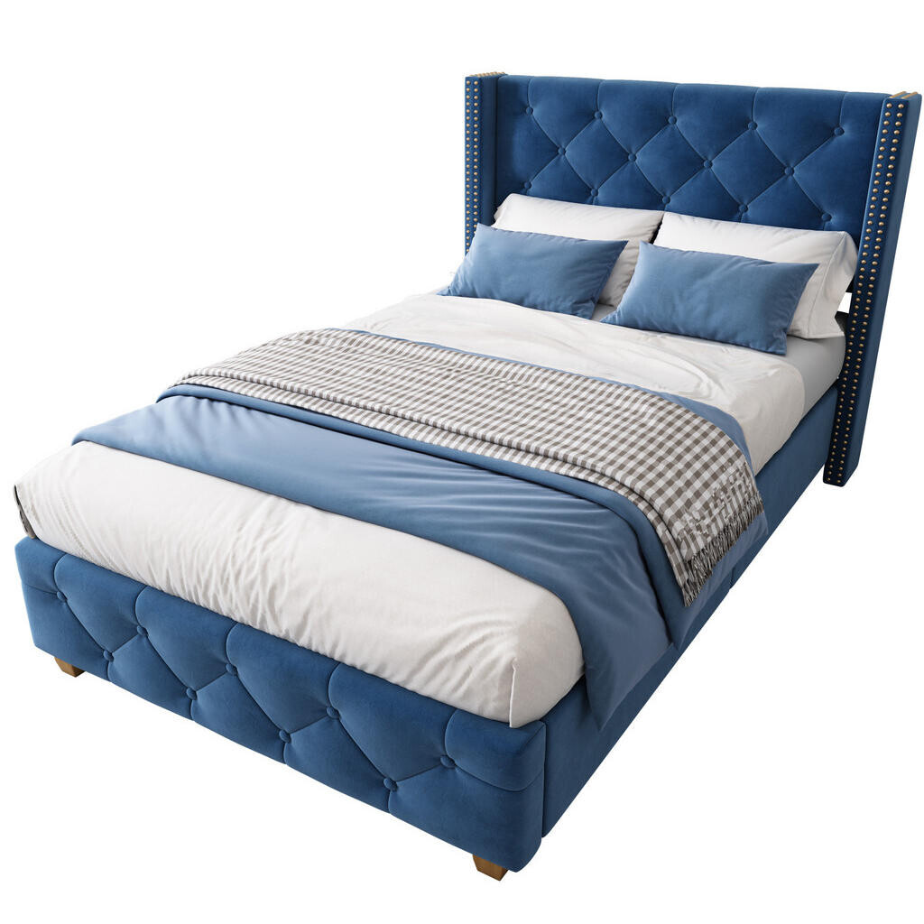 OKWISH ČALOUNĚNÁ postel 90/200 cm modrá ze sametu s roštem a prošívaným čelem