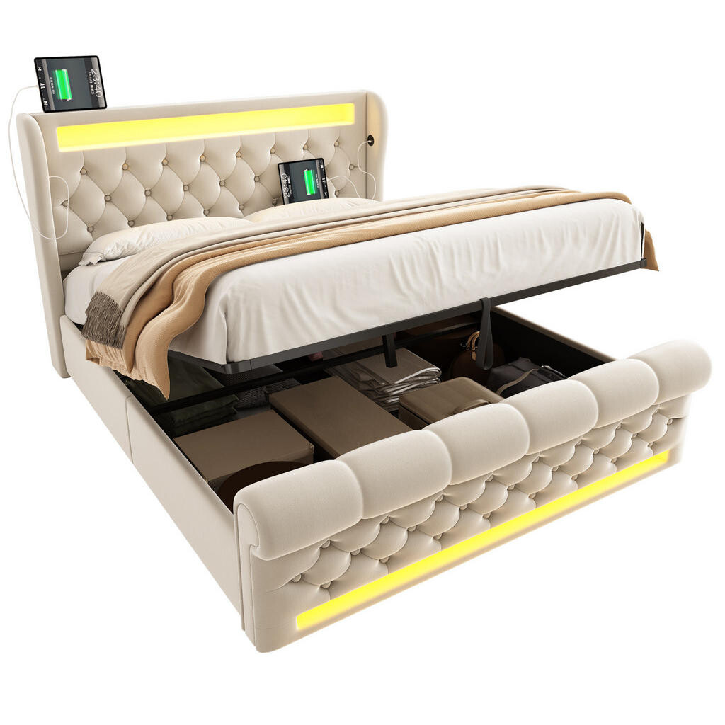 OKWISH ČALOUNĚNÁ postel 140/190 cm béžová ze sametu, dřeva a kovu s LED osvětlením, USB a úložným prostorem