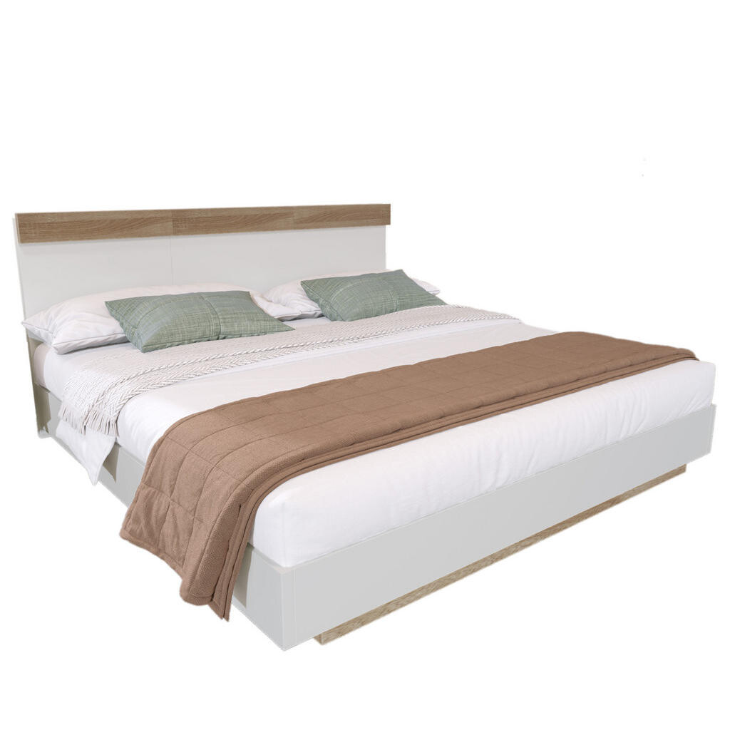 OKWISH DVOJLŮŽKOVÁ postel 160/200 cm bílá v dekoru dubu z dřeva s lamelovým roštem a čelem