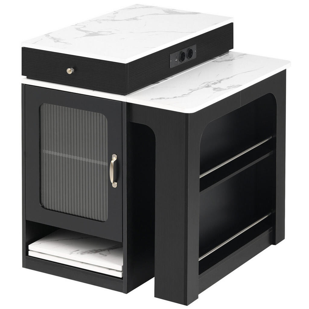 Redom KUCHYŇSKÝ ostrůvek 80/71-111-151/92 cm s výsuvnou jídelní deskou, integrovanými zásuvkami a úložným prostorem, Bílá/Černá