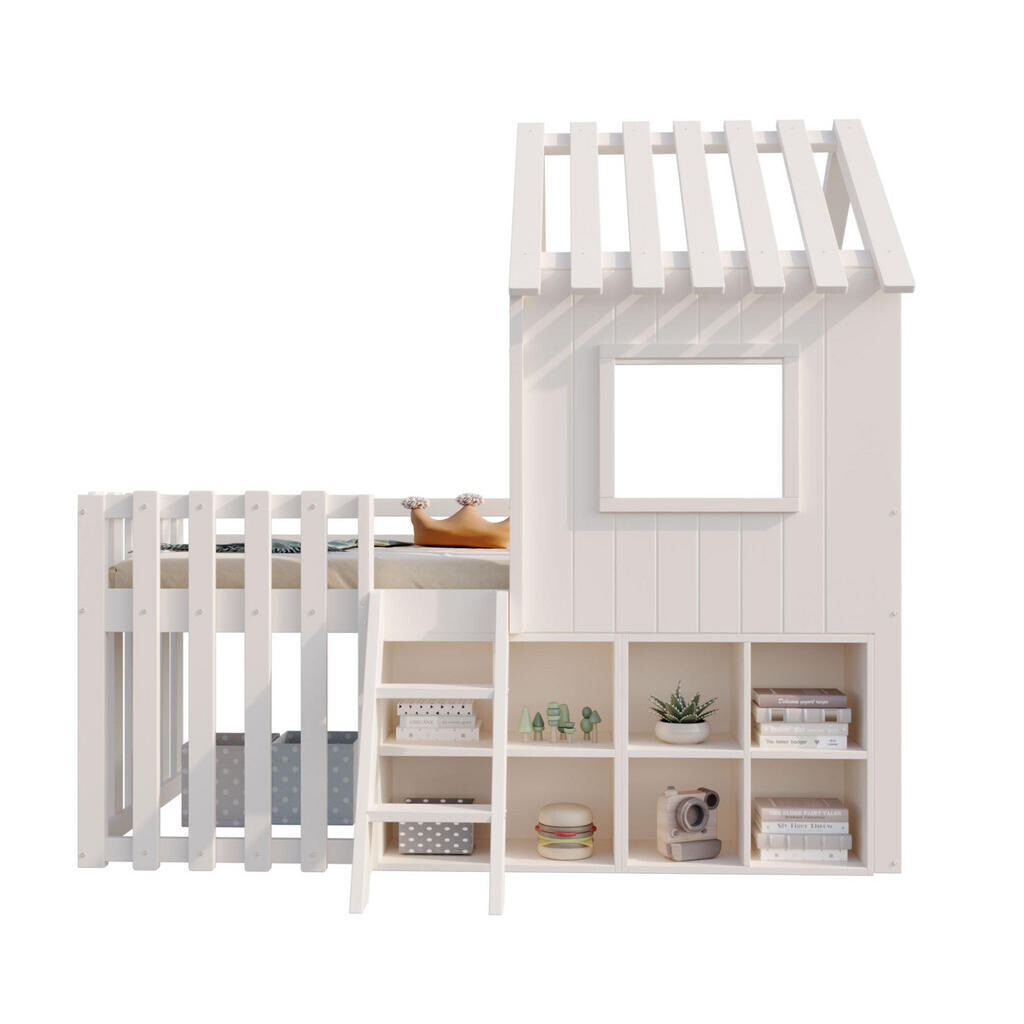 OKWISH PATROVÁ postel 90/200 cm bílá z masivního dřeva s domečkovým designem a úložným prostorem