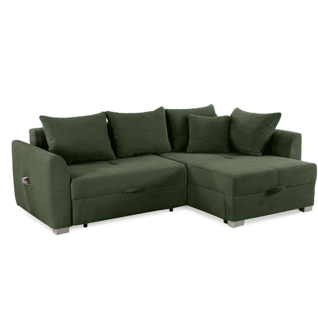 luma-home ROHOVÁ POHOVKA s funkcí rozkládání a úložným prostorem, 236 × 160 × 81 cm (Š×H×V), ležecká plocha 142 × 202 cm, zelený manšestr / 15207