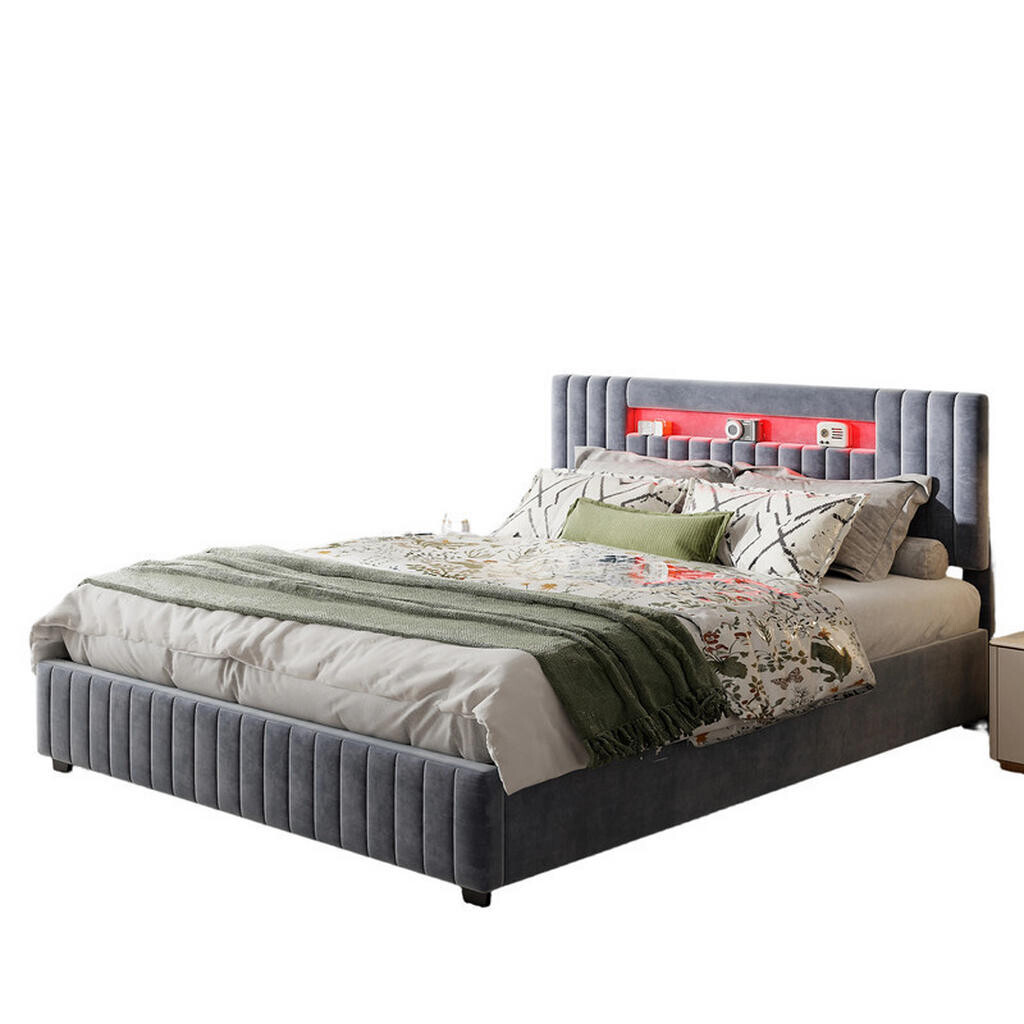 SHOPENTRA ČALOUNĚNÁ postel 160x200 cm šedý samet LED plynový výtah box