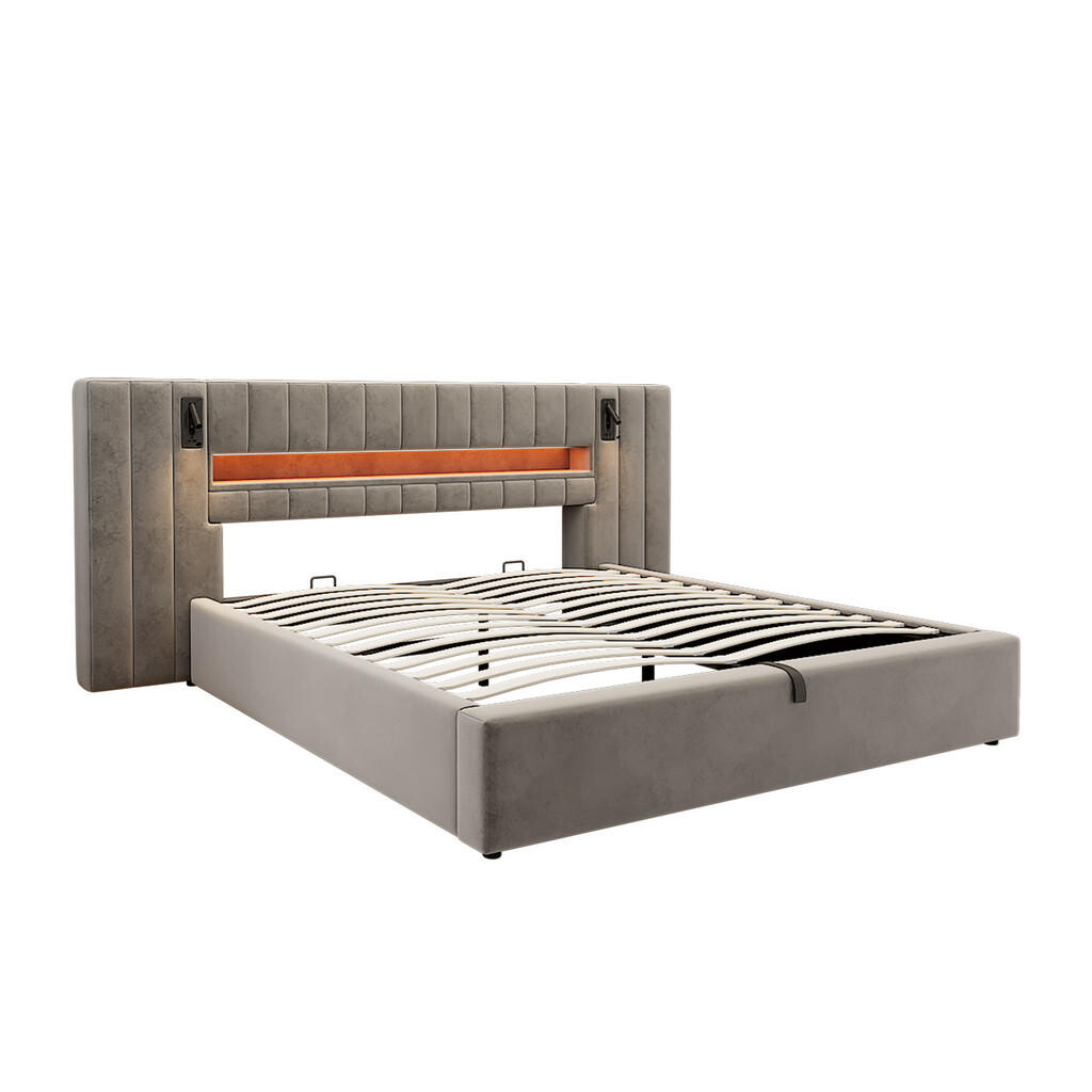 Urban Meuble ČALOUNĚNÁ POSTEL 180x200 cm samet šedá s úložným prostorem LED osvětlením USB porty a lampičkami na čtení