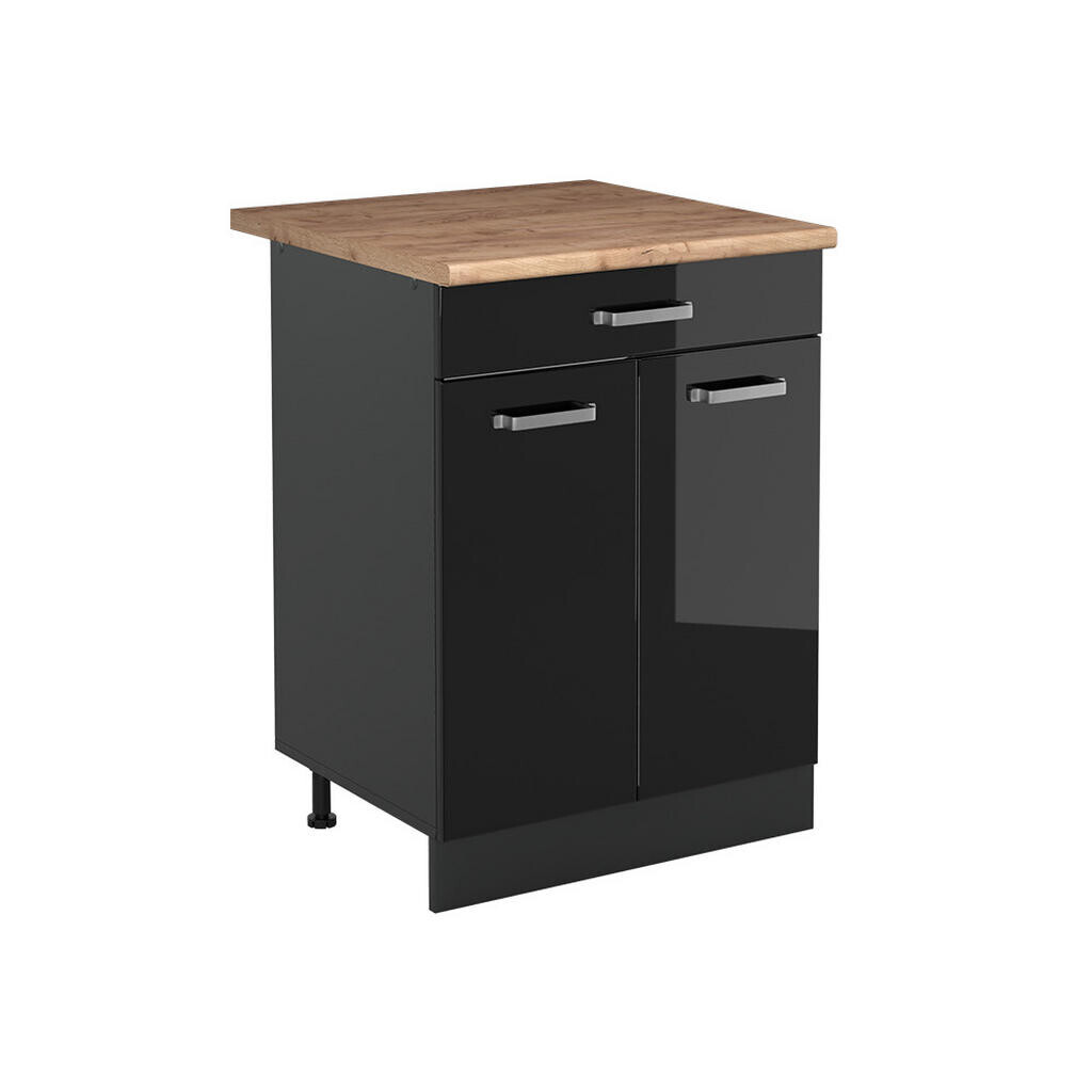 Vicco SPODNÍ SKŘÍŇKA KUCHYŇSKÉ LINKY R-Line, Černý vysoký lesk/Antracit, 60 cm se zásuvkou pracovná doska Dub Goldkraft