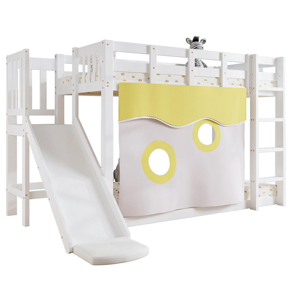 OKWISH PATROVÁ postel 90/200 cm bílá z MDF a borovice se skluzavkou a závěsem