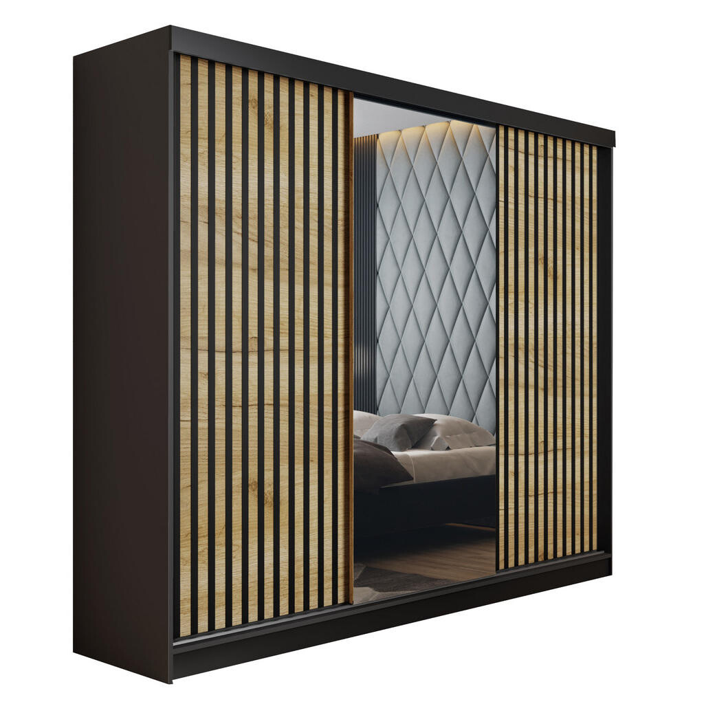 Kier Furniture POSUVNÁ ŠATNÍ SKŘÍŇ MALANI - Černá a Dub Craft 200x205x59 cm