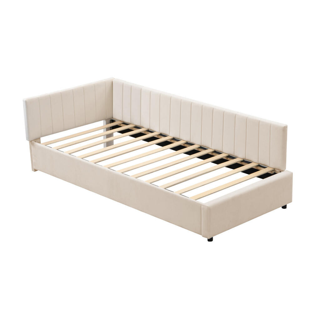 OKWISH ČALOUNĚNÉ lůžko 90/200 cm béžové ze sametu s roštem a multifunkčním využitím