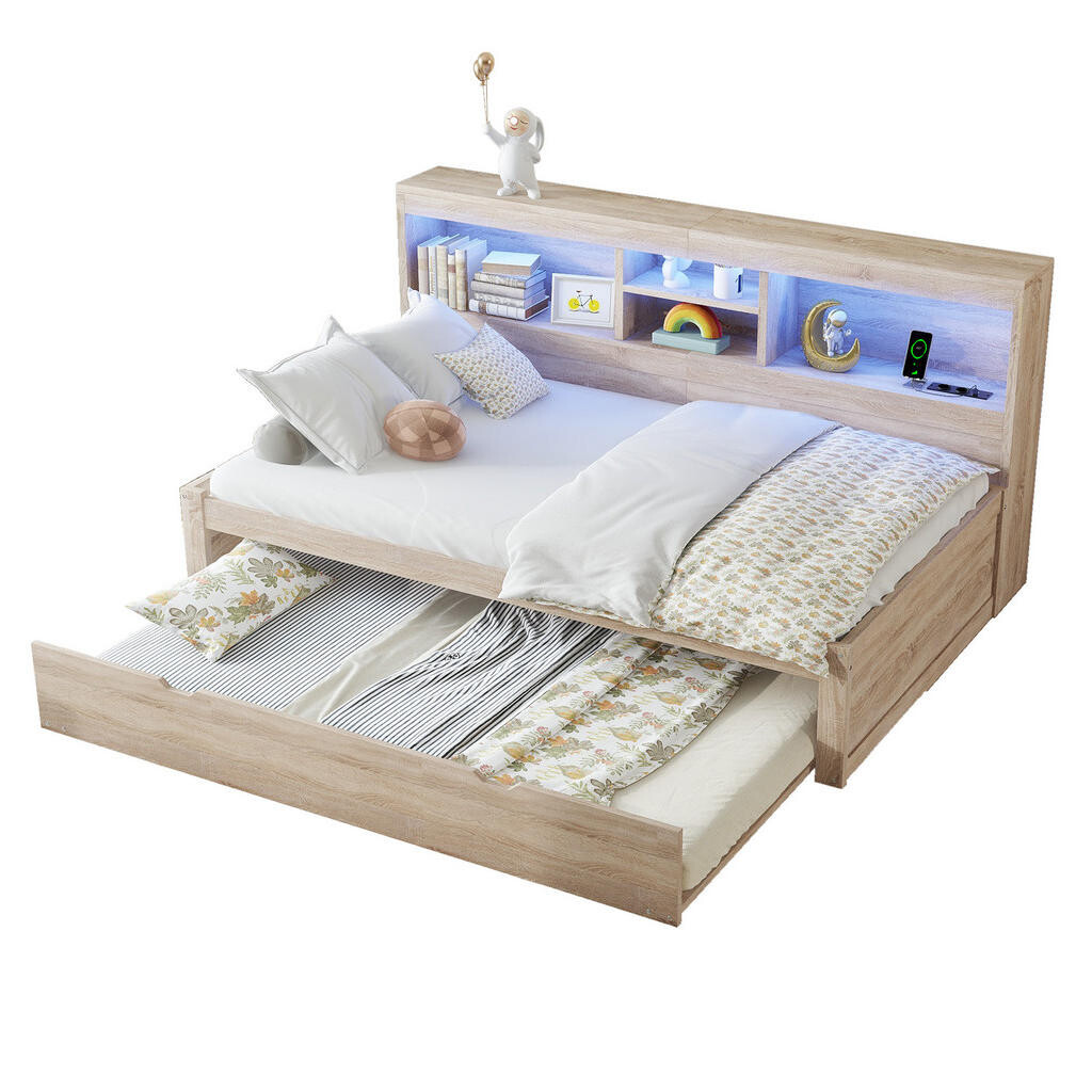 OKWISH JEDNOLŮŽKOVÁ postel 90/200 cm přírodní z dřevotřísky s výsuvným lůžkem LED a USB