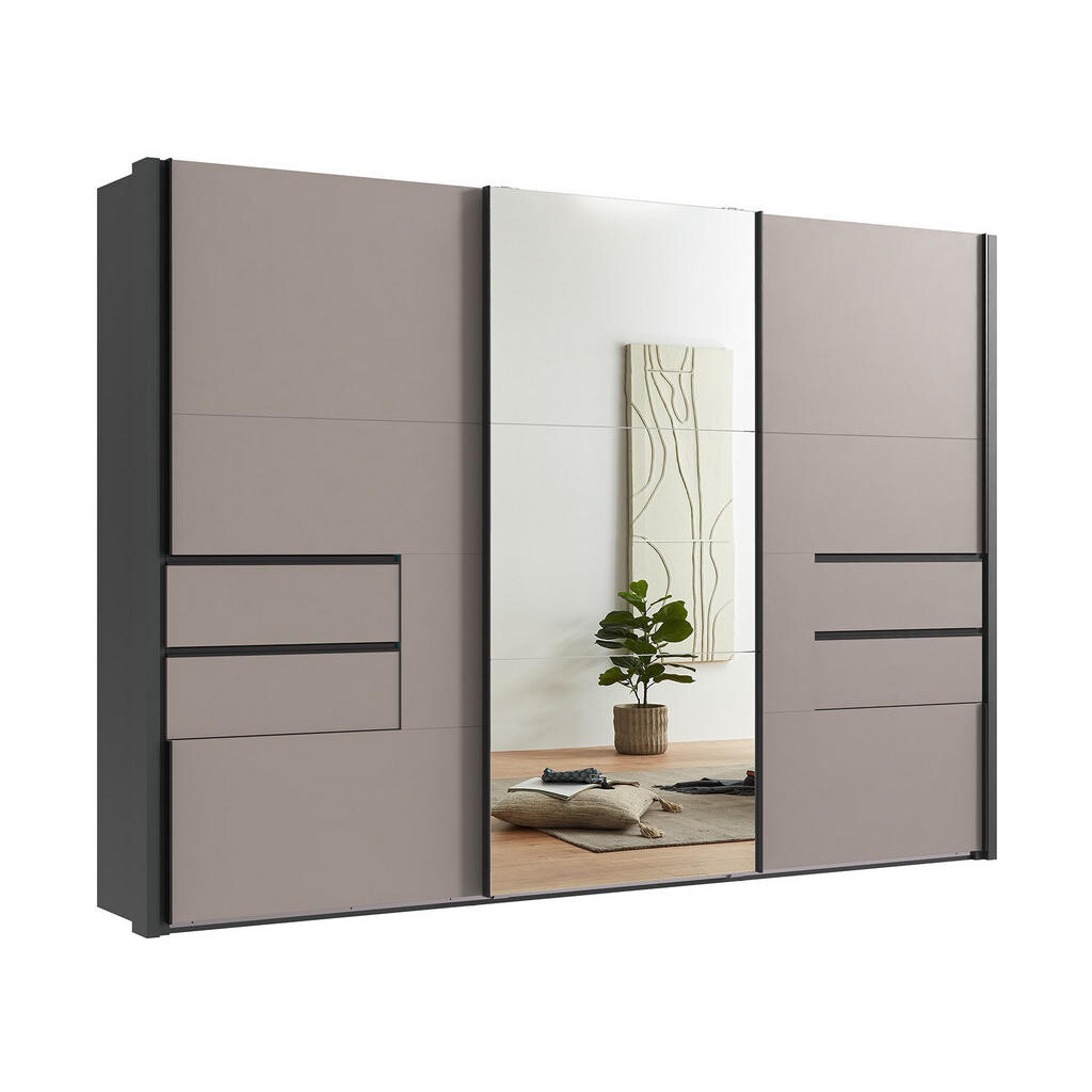 luma-home SKŘÍŇ S POSUVNÝMI DVEŘMI, 3dveřová, 312 × 216 × 65 cm (Š×V×H), korpus a rámeček v barvě grafit, dveře a zásuvky v barvě pískově šedé/zrcadlo