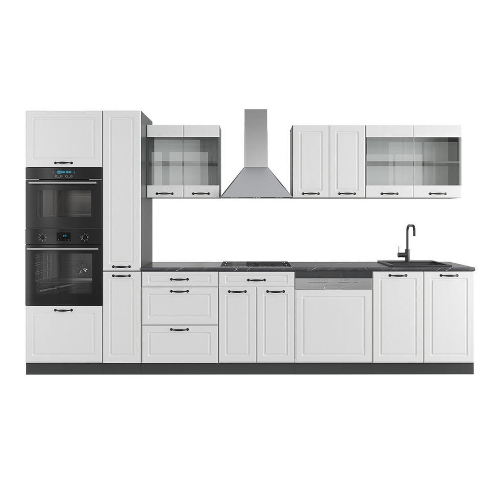 Vicco KUCHYŇSKÝ KOUT R-Line Bílý venkovský dům/antracit 350 cm s vysokou skříní, bez pracovní desky