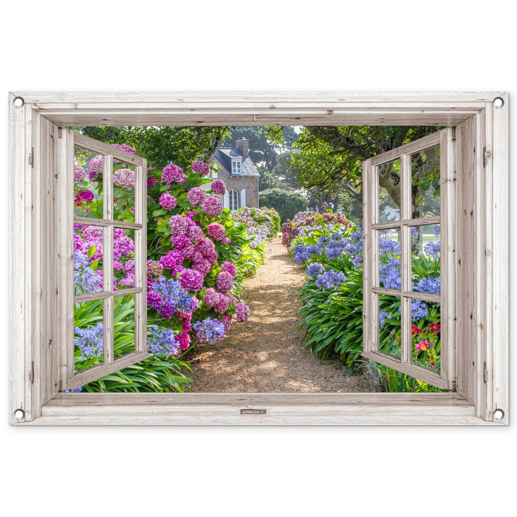 OnlyWow ZAHRADNÍ PLAKÁT Hortenzie - Průhledné - Květiny - Léto - Fialová - Cesta 90x60 cm