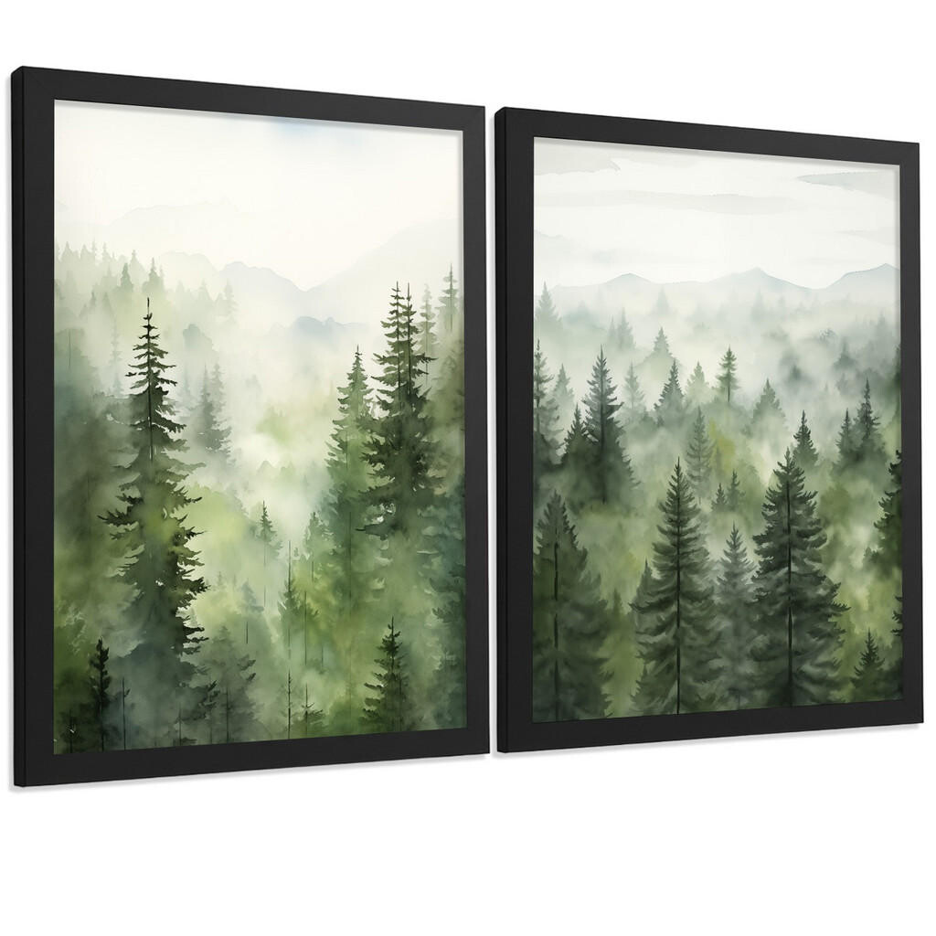 Nacnic PLAKAT Sada 2 dekorativních tisků Nordic Forest Landscape Moderní obývák Obrázky - Zelené dekorativní plakáty Dekorace Obývací pokoj A3 Černý r