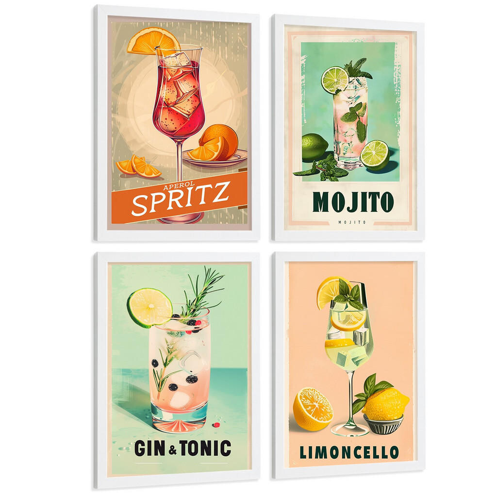 Nacnic PLAKAT Sada 4 Koktejlový nápoj A4 Bílý rám