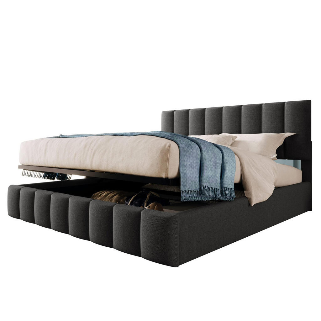 OKWISH ČALOUNĚNÁ postel 140/200 cm šedá z lnu s úložným prostorem a nastavitelným čelem