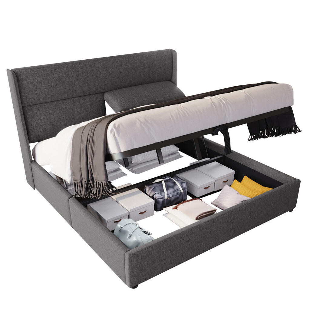 OKWISH ČALOUNĚNÁ postel 160/200 cm šedá z lnu s nastavitelným čelem a úložným prostorem