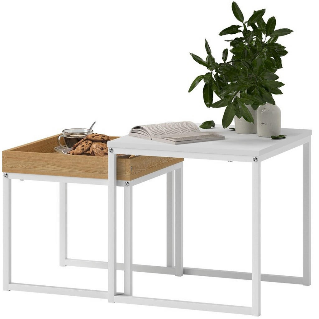 OKWISH KONFERENČNÍ stolky 45/45/45 a 40/40/40 cm bílé z oceli s odnímatelným podnosem