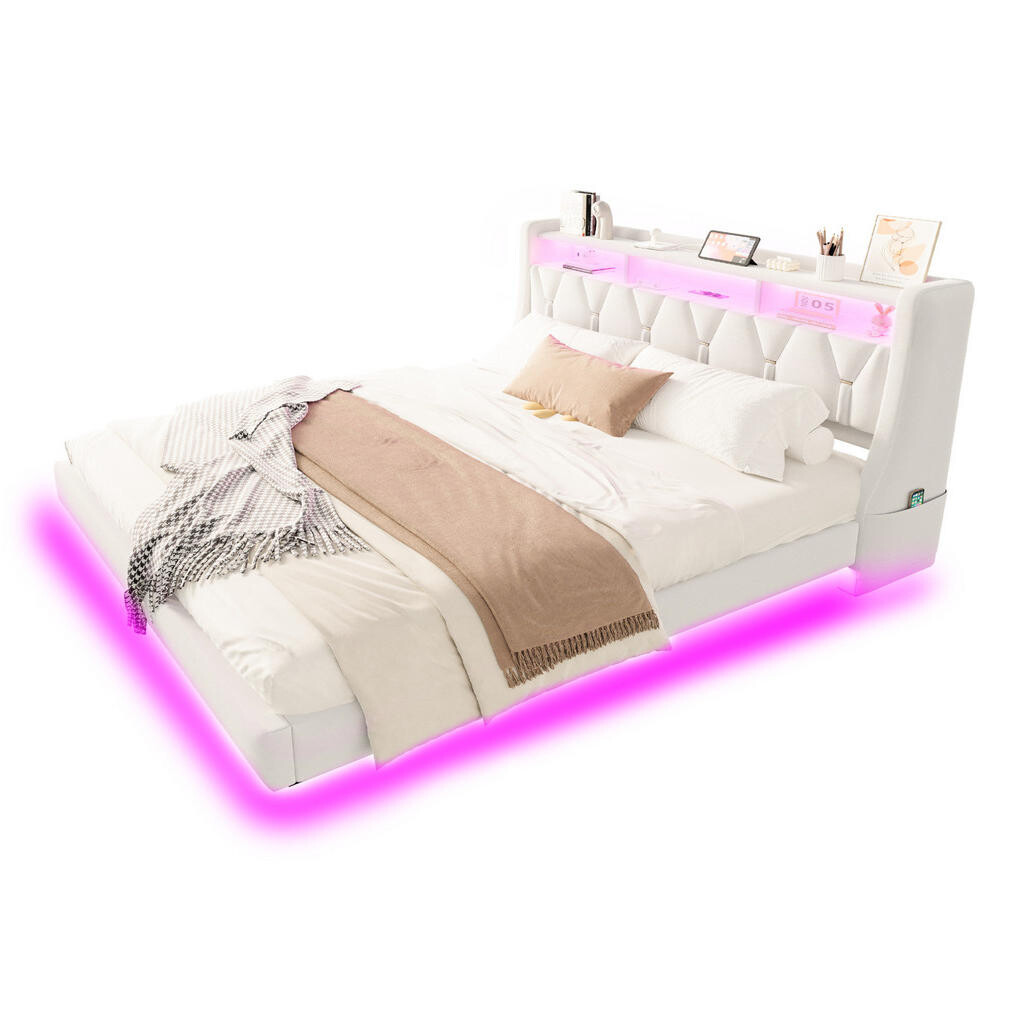 OKWISH ČALOUNĚNÁ postel 180/200 cm béžová z sametu s LED osvětlením, USB a úložným čelem