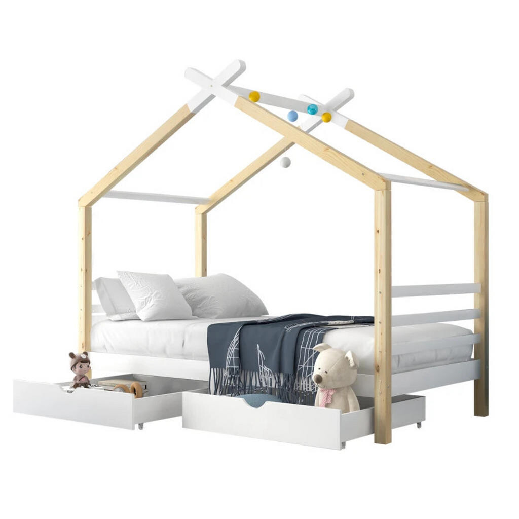 OKWISH DĚTSKÁ postel domeček 90/200 cm bílá z masivu a MDF se zásuvkami a roštem