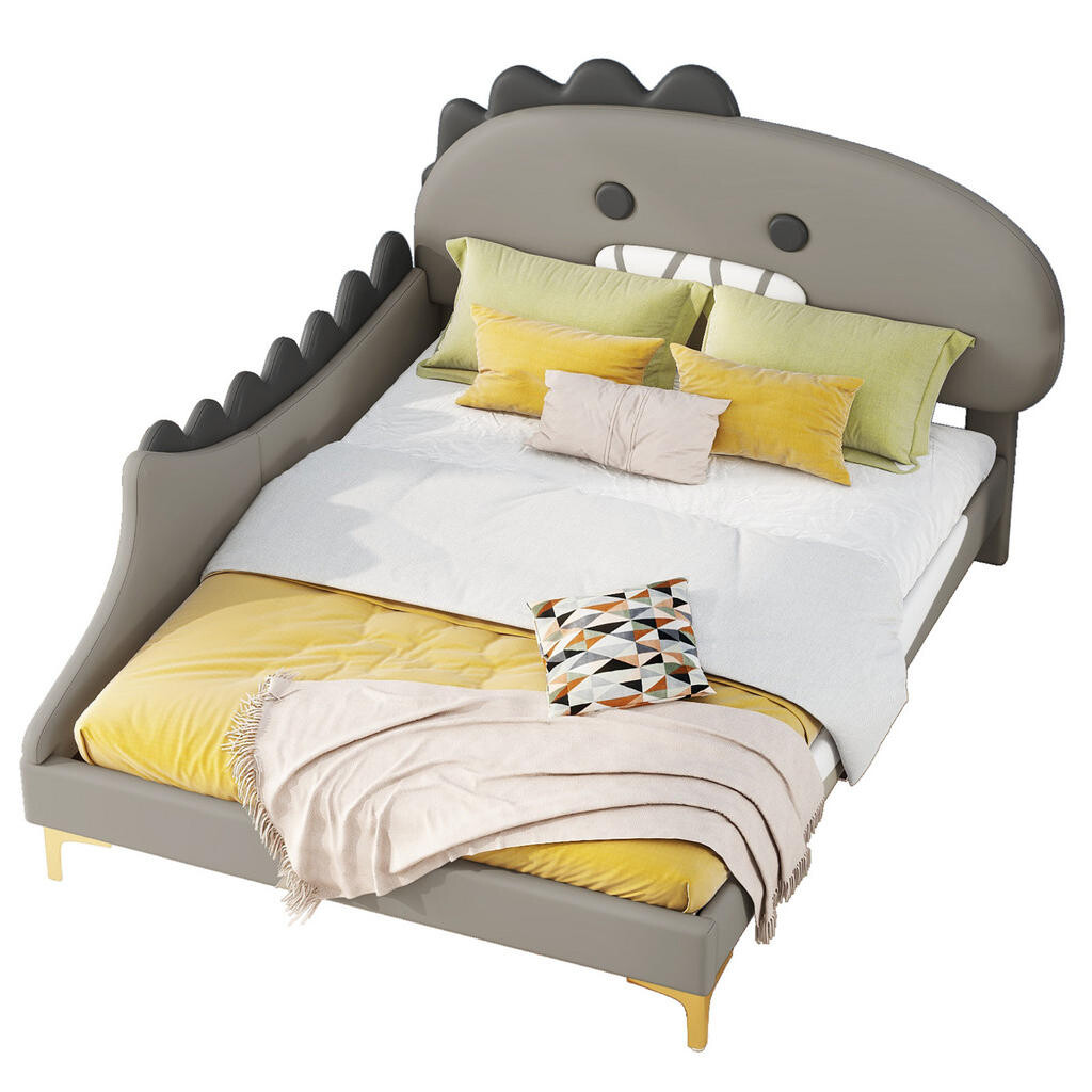 OKWISH DĚTSKÁ postel 140/200 cm šedá z PU a MDF ve tvaru dinosaura s lamelovým roštem