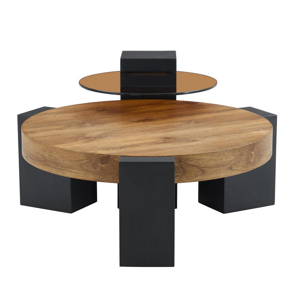 Redom KONFERENČNÍ stolek 61/61/30 cm s druhou úrovní a rozebíratelným designem, stabilní L-nohy, Černá/Hnědá