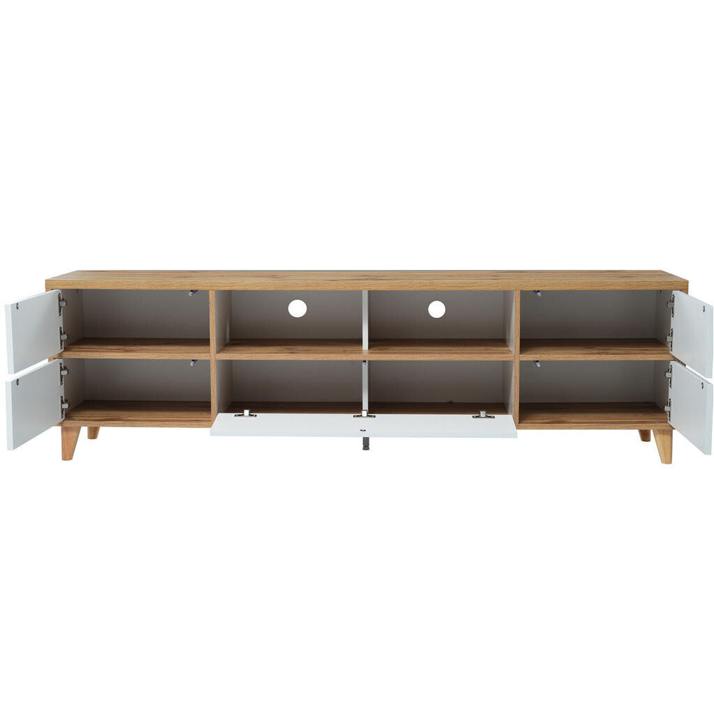 Redom TV stolek 175/37/51 cm se 4 dvířky, úložným prostorem a dřevěnými nohami, Bílá
