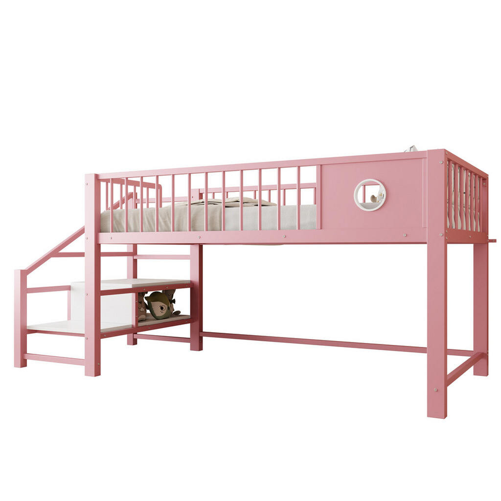 Redom NÍZKÁ palanda 241,5/95/85 cm s úložným prostorem a schůdky, kovový rám, Růžová