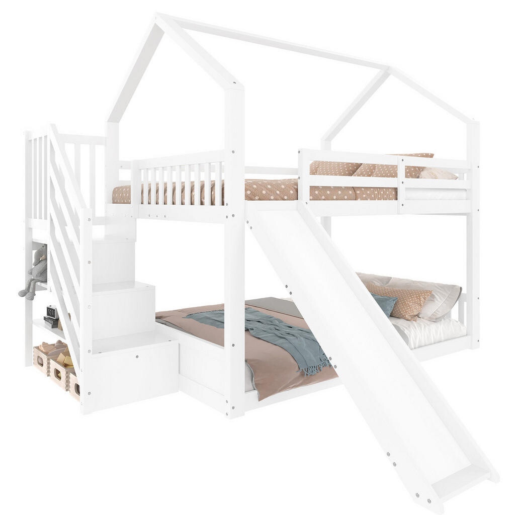 Redom PALANDA 140/200 cm s domečkovým designem, skluzavkou a úložným schodištěm, Bílá