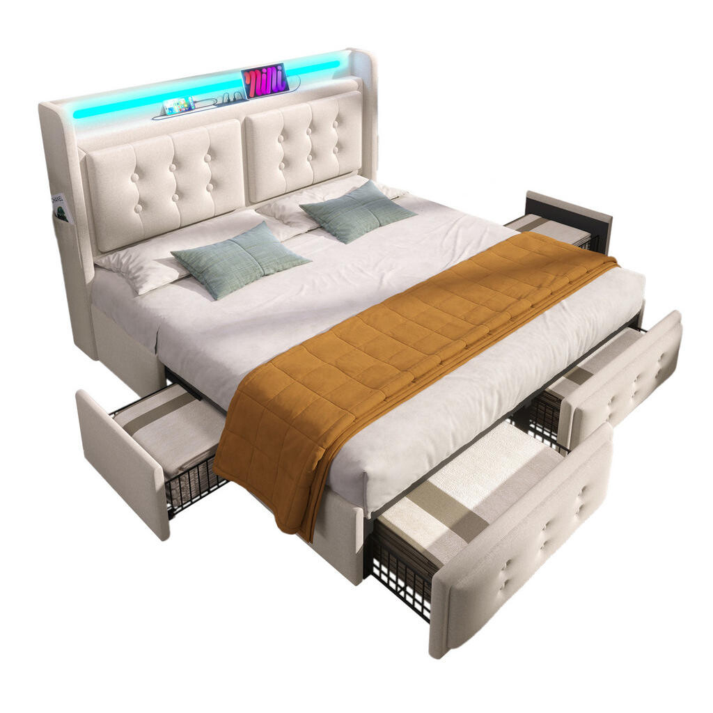 OKWISH ČALOUNĚNÁ postel 140/200 cm béžová z bavlněného lnu s LED osvětlením a USB-C