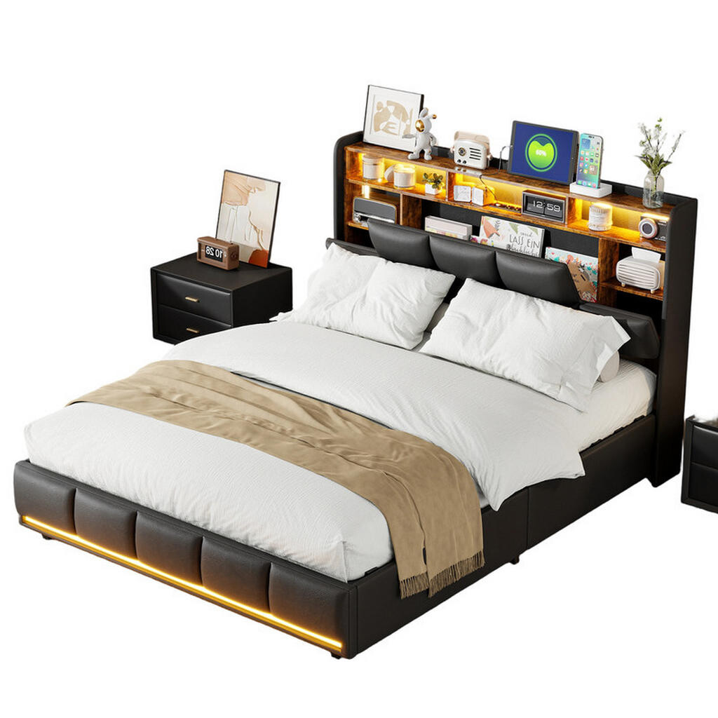 SHOPENTRA ČALOUNĚNÁ postel 140x190 cm černá LED USB plynový výtah box