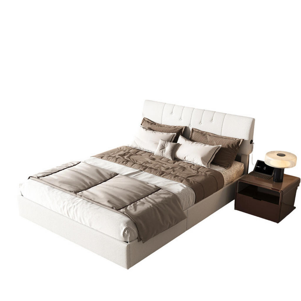 SHOPENTRA ČALOUNĚNÁ postel 140/190 cm krémová Teddy s úložným prostorem USB