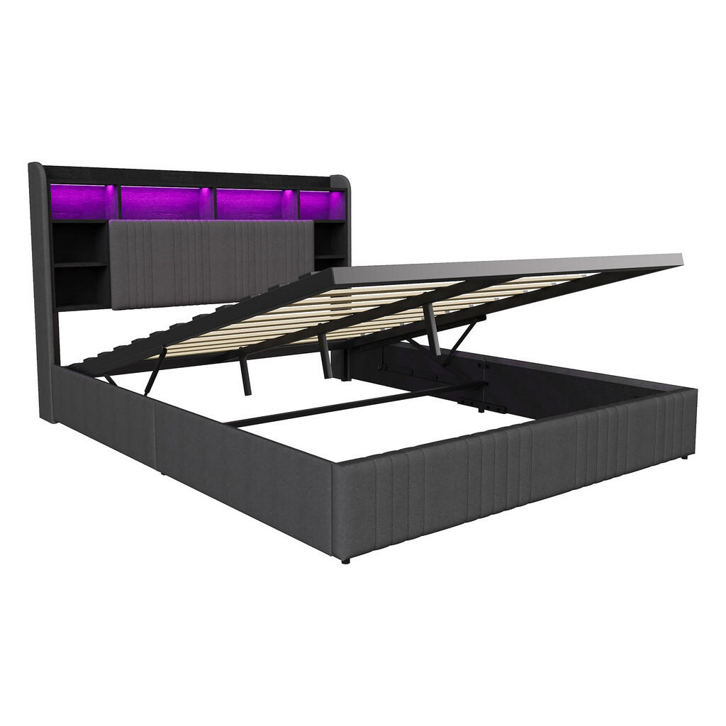 SHOPENTRA MODERNÍ ČALOUNĚNÁ POSTEL 160x200 cm s úložným prostorem, LED RGB a integrovanou nabíjecí stanicí – tmavě šedý lněný materiál