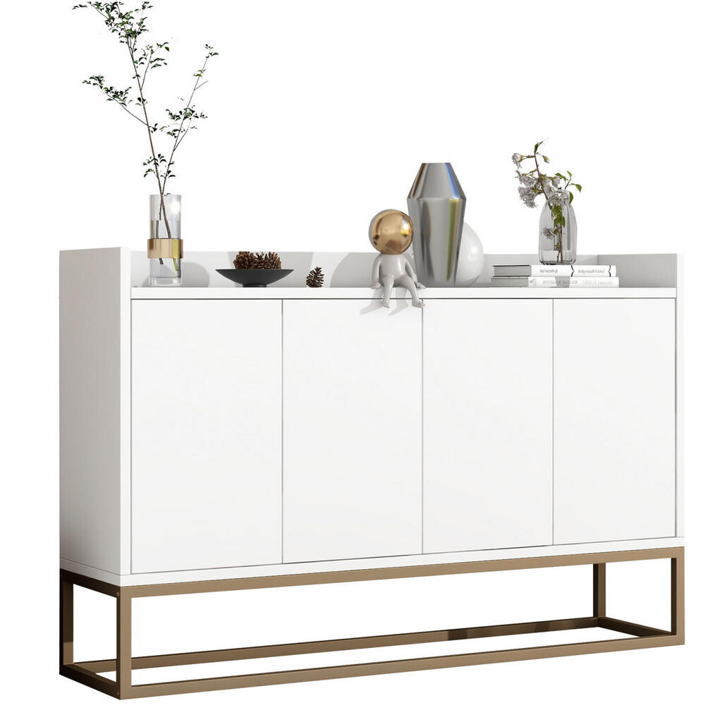 SHOPENTRA BÍLÁ příborník, 120x30x80 cm, se 4 dvířky a zlatým kovovým rámem