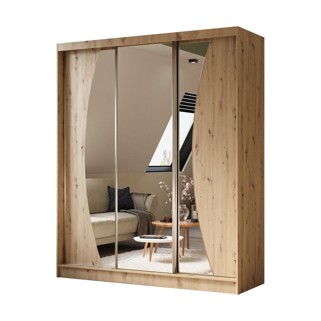 ALTDECOR ŠATNÍ SKŘÍŇ s posuvnými zrcadlovými dveřmi a hliníkovými lamelami – VOXI – 180 cm dub artisan