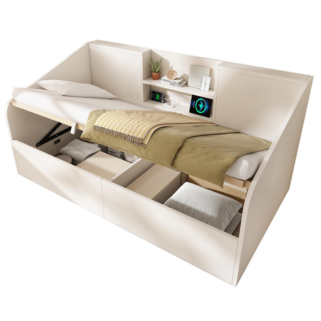 OKWISH DENNÍ postel 90/200 cm bílá z MDF a masivu s úložným prostorem a nabíjecí stanicí