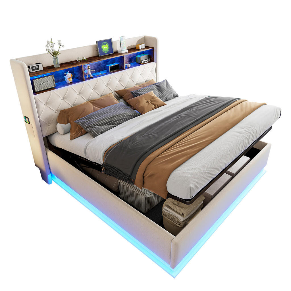 WISHDOR ČALOUNĚNÁ POSTEL 180x200 cm béžová s lněným vzhledem, úložným prostorem, LED osvětlením a USB portem