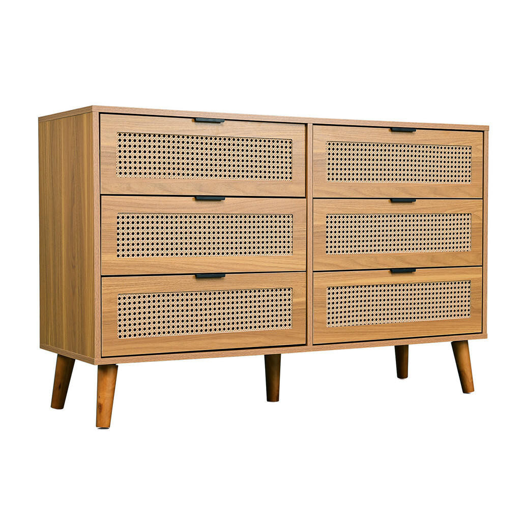 Urban Meuble SIDEBOARD se 6 zásuvkami Dřevěný sideboard s kovovými úchytkami, retro design, pro ložnici a kancelář ořech
