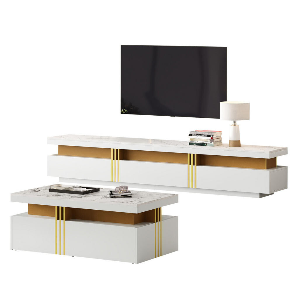 Redom TV sestava 200/40/42 cm s konferenčním stolkem 100/50/40 cm, mramorový dekor a vysoký lesk, Bílá