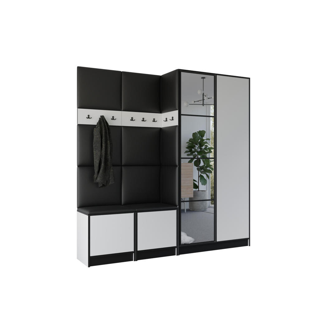 Kier Furniture ŠATNÍ SKŘÍŇ do předsíně EDEN 21 se zrcadlem - Bílá & Černá kůže
