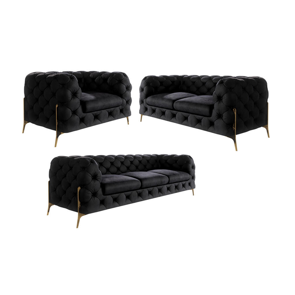 S-Style CHESTERFIELD SEDACÍ SOUPRAVA 3+2+1 Lexi z černého sametu se zlatými noham