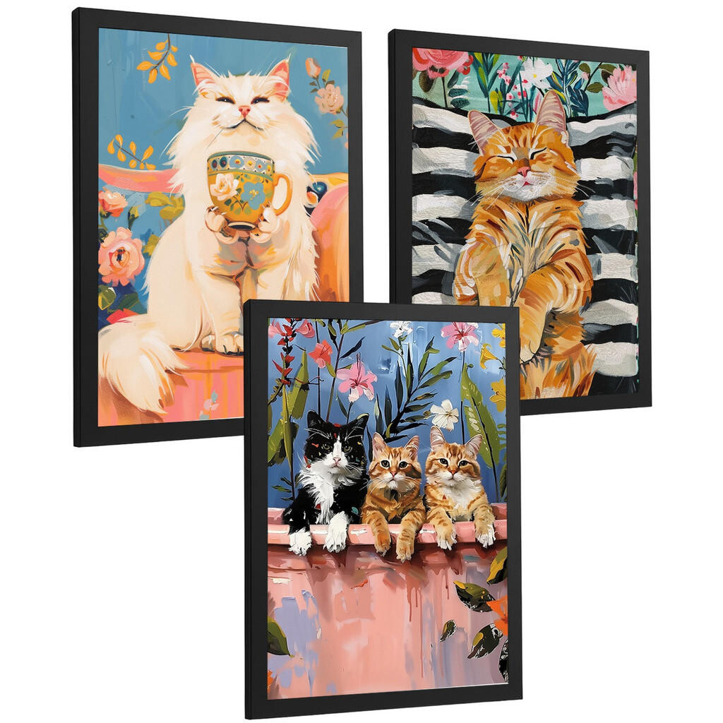 Nacnic PLAKAT Sada 3 Funny Cats A4 Černý rám