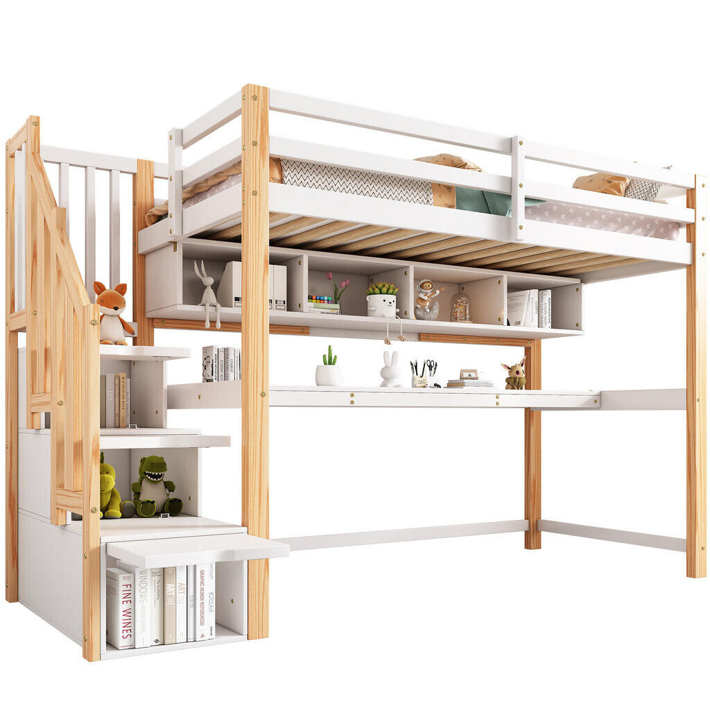 OKWISH PATROVÁ postel 90/200 cm bílá/dub z masivního dřeva a MDF s pracovní deskou a schody